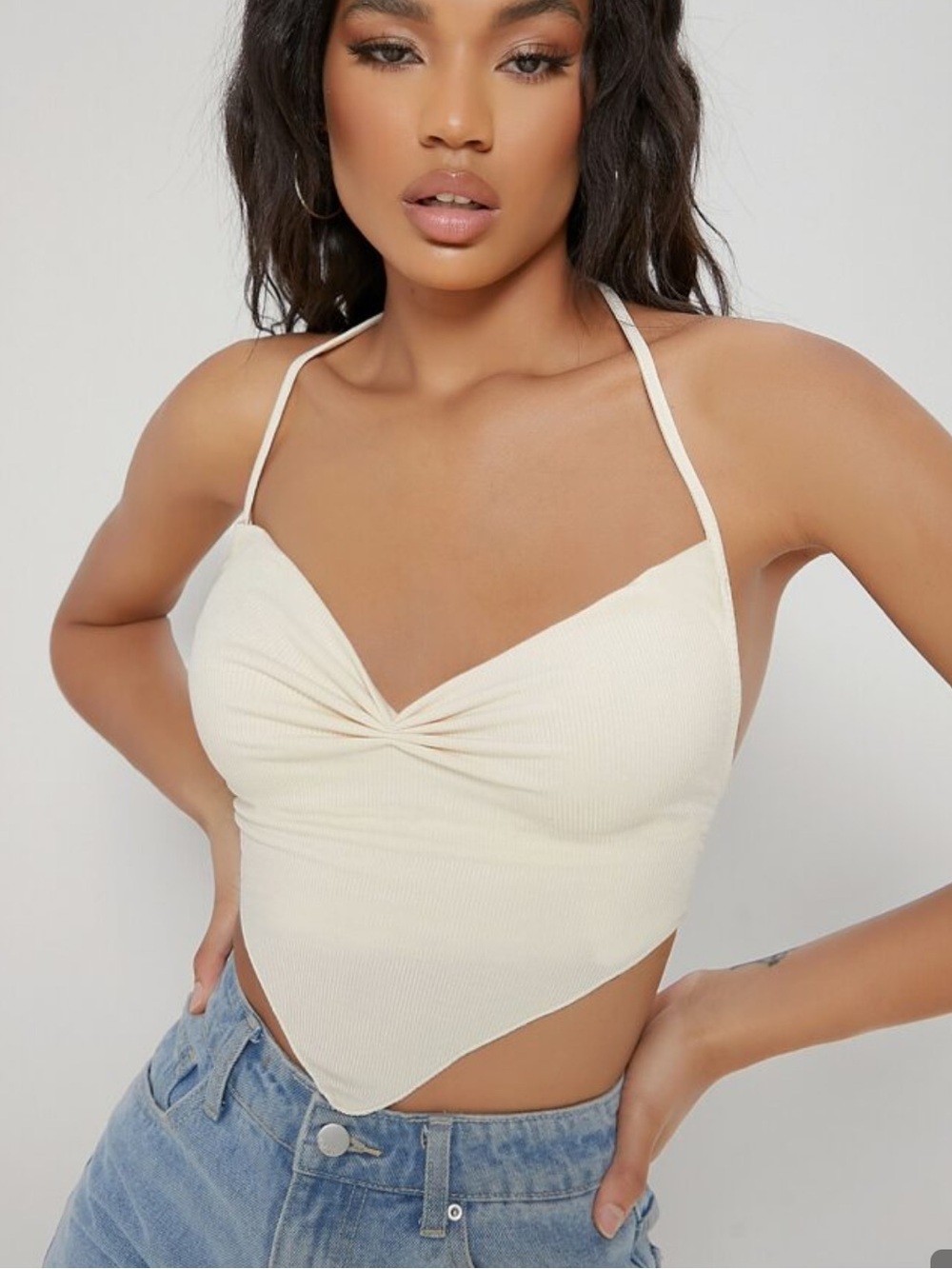 Shein Tied Backless Rib-Knit Bandana Halter Top